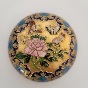 Cloisonne Butterfly Floral Open Enamel Trinket Tray Jar Box Golden Blue Colors